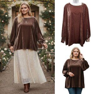 Ava & Viv Brown Velvet Puff Sleeve Top Womens Plus 4X Romantic Whimsical